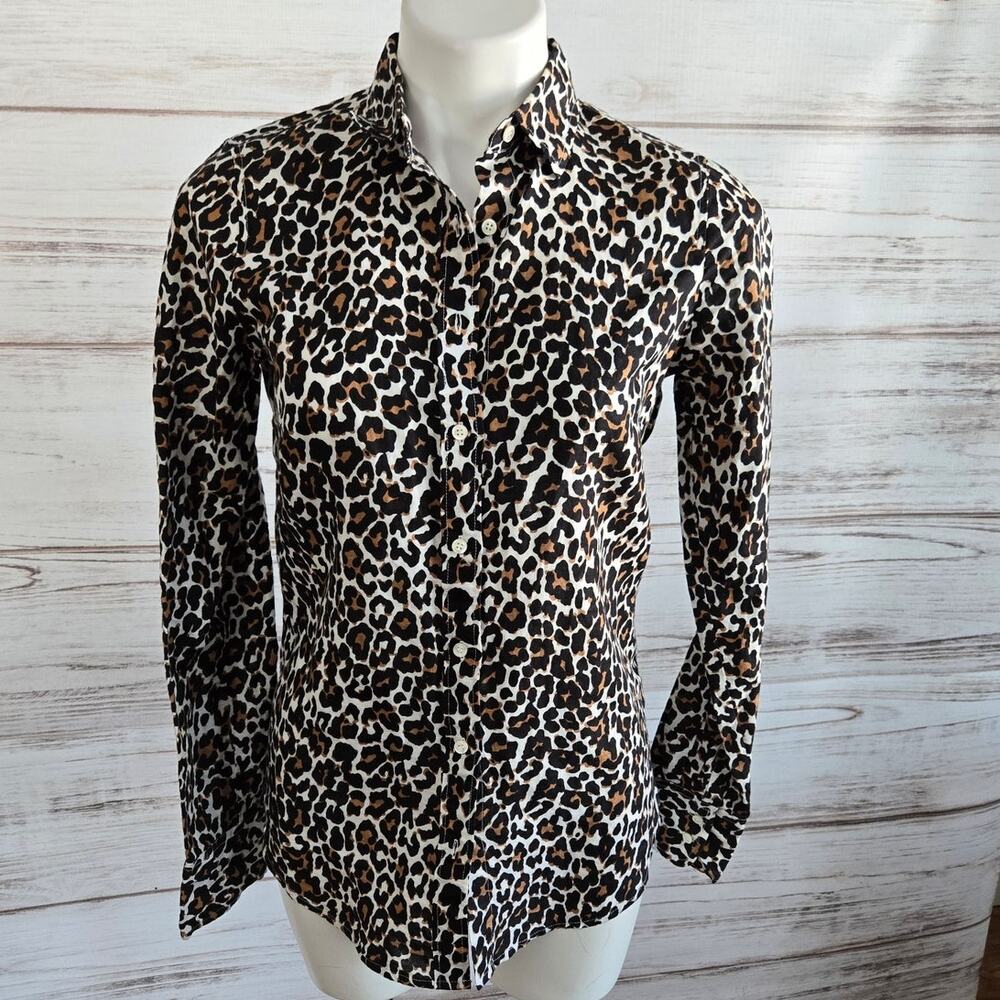 J Crew Perfect Fit Leopard Print Button-down Shirt sz 2 Tall